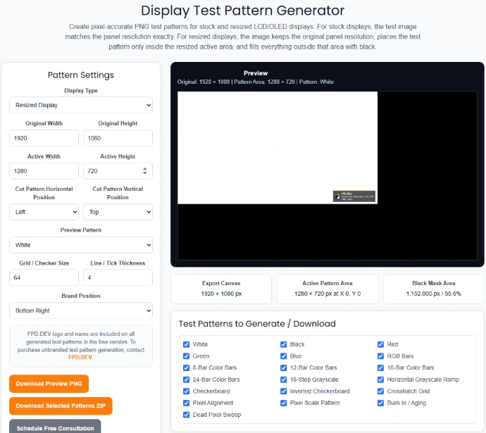 OEM and resized display test pattern generator for LCD and OLED panel validation.