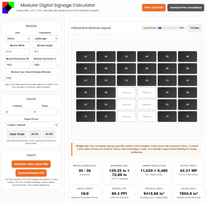 Modular digital signage layout calculator for planning tiled LCD, OLED, LED, and specialty display arrays.