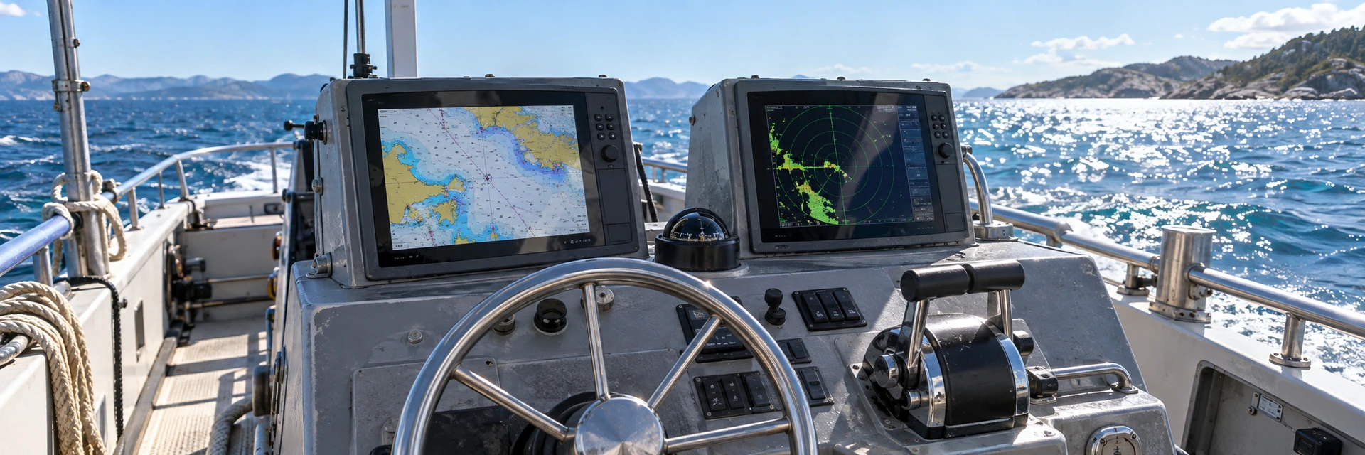 Open working-boat helm with navigation displays in bright midday sunlight and glare on the water