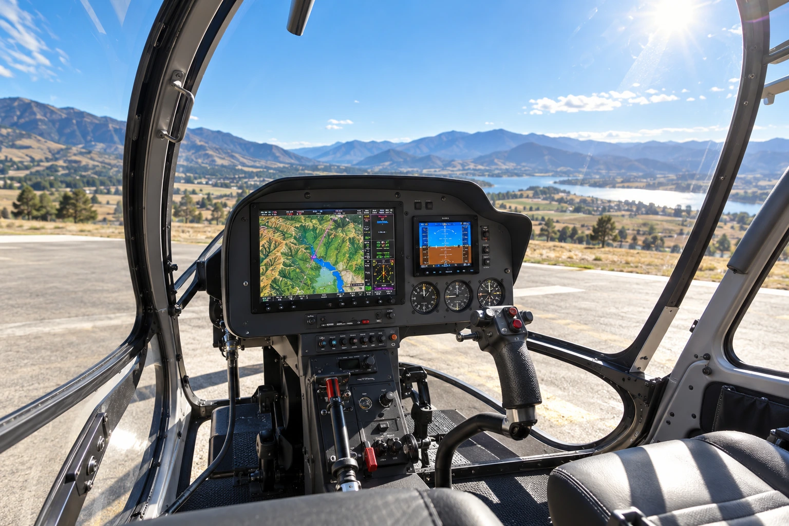 Illustrative bubble-canopy helicopter cockpit with a multifunction display in bright daylight