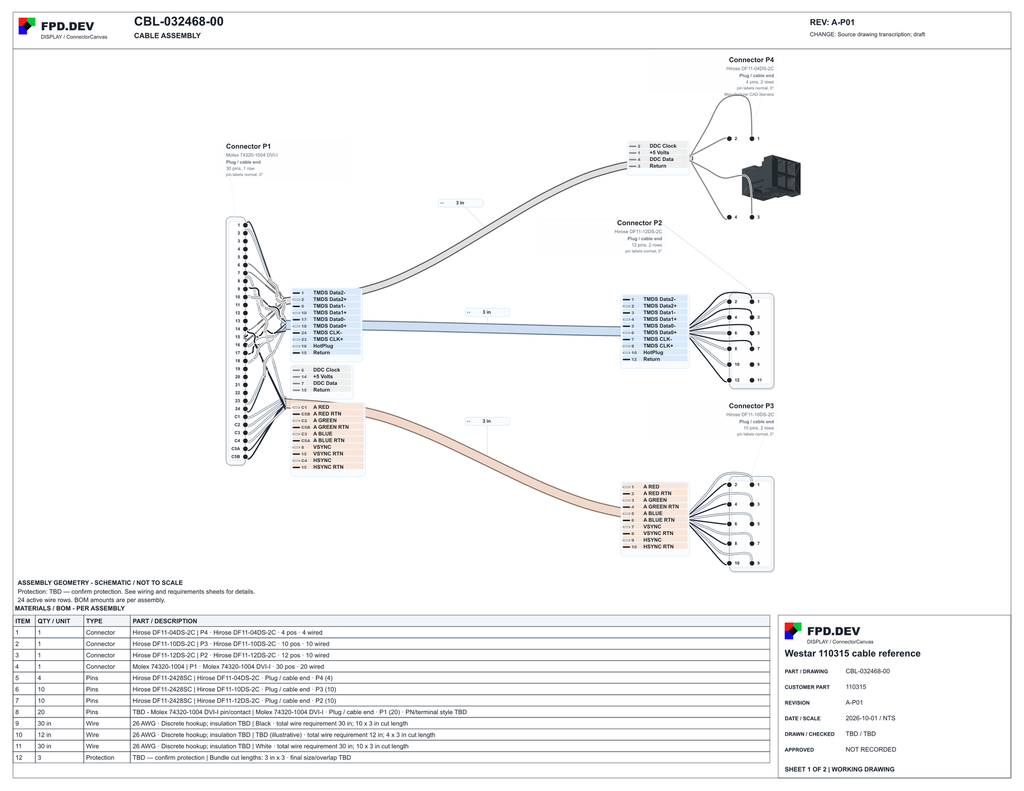 [CBL-032468-00] Cable design based on Westar 110315 — DVI-I input with analog and I2C EDID reference cable