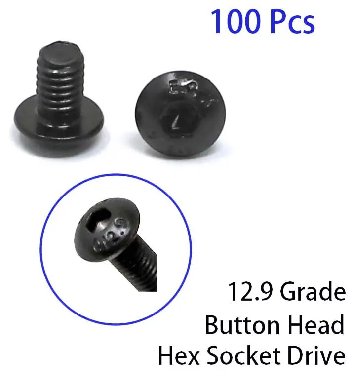100 Pcs M4 x 6mm Thread Pitch 0.7 mm Alloy Steel 12.9 Grade Hex Socket Button Head Cap Screws Bolts Kit, Black Oxide Finish