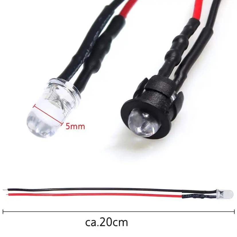 LED / 12 Volt 5mm Pre Wired Led Light Emitting Diodes,Micro Led Lights Diodes for Model Assortment Kit,12V Mini Single Led Bulbs(Red*10,Green*10,Orange*10,Blue*10,White*10)